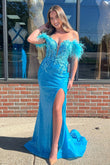 Charming Mermaid Off the Shoulder Blue Sequins Prom Dresses with Appliques