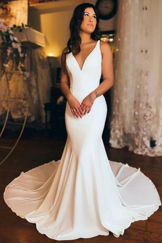 Evelyn | Elegant White Mermaid Satin Deep V-Neck Wedding Dress with Chapel Train JB120323