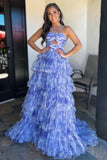 Emmeline | Blue Print Halter Keyhole Ruffle Tiered Long Prom Dress