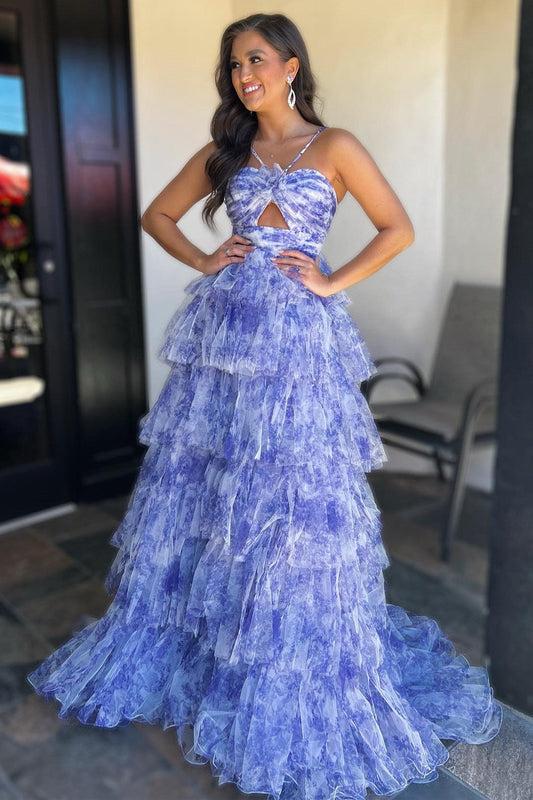 Emmeline | Blue Print Halter Keyhole Ruffle Tiered Long Prom Dress