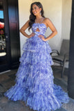 Emmeline | Blue Print Halter Keyhole Ruffle Tiered Long Prom Dress