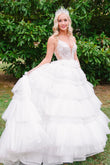 Isabella | Glamorous Ball Gown V-Neck White Tulle Long Prom Dress with Appliques