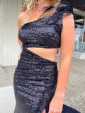 One Shoulder Sparkly Black Mermaid Prom Dress