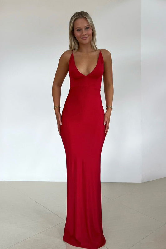 Elegant Mermaid V-Neck Red Elastic Satin Long Prom Dress