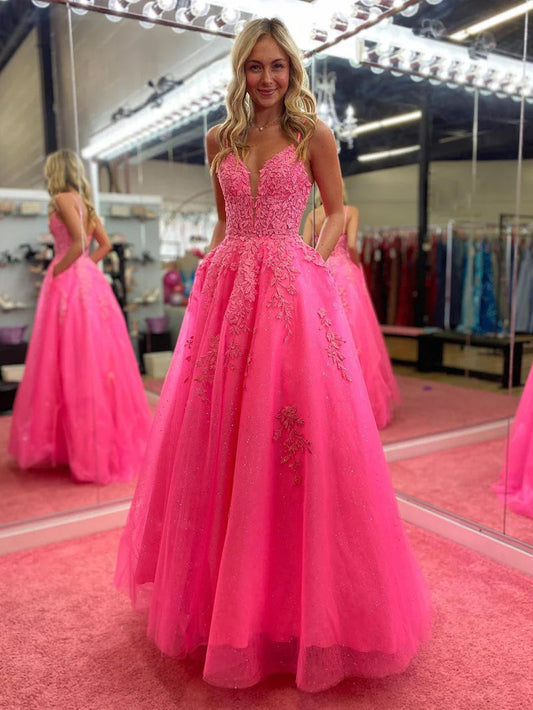 Aurora | Fairy A-Line V-Neck Pink Tulle Long Prom Dress with Appliques