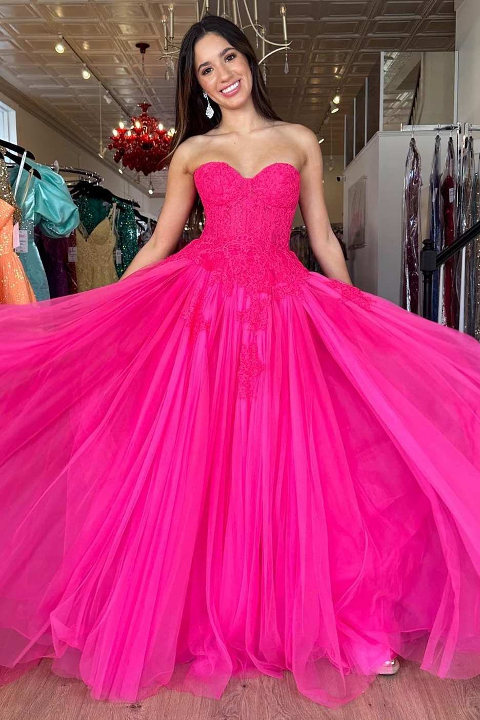 Amora | Strapless A-Line Hot Pink Tulle Lace Long Prom Dress