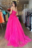 Amora | Strapless A-Line Hot Pink Tulle Lace Long Prom Dress