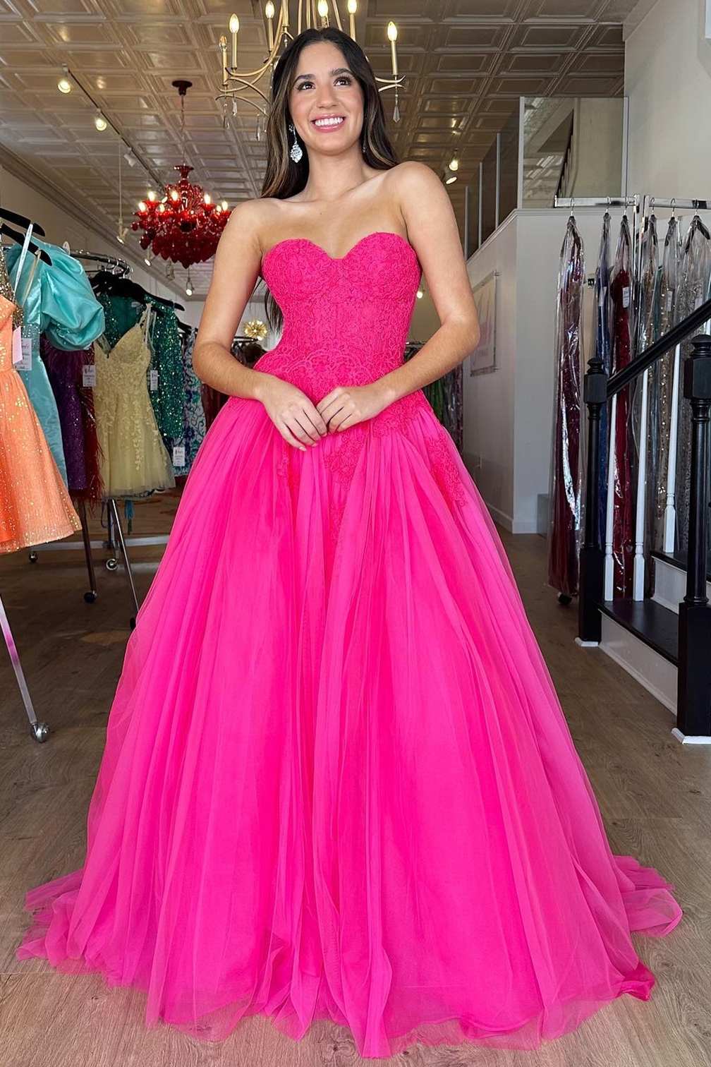 Amora | Strapless A-Line Hot Pink Tulle Lace Long Prom Dress