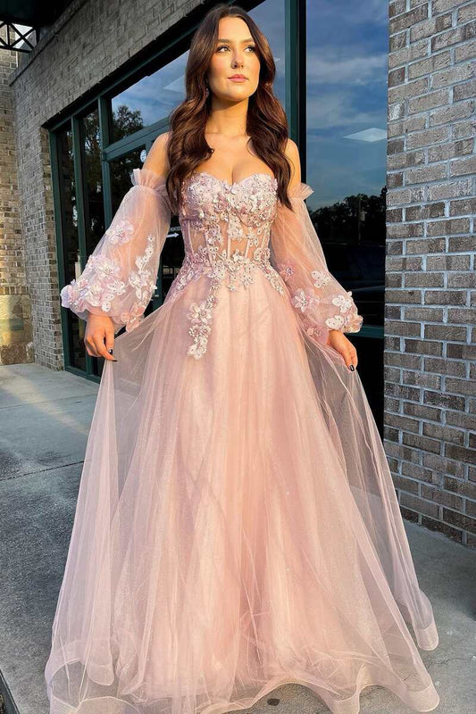 Pink Strapless A-Line Tulle Prom Dress with Detachable Balloon Sleeves