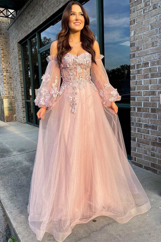 Pink Strapless A-Line Tulle Prom Dress with Detachable Balloon Sleeves