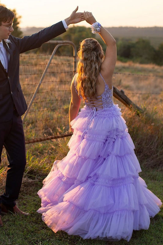 Liliana | Cute A-Line V-Neck Light Purple Tiered Tulle Long Prom Dress