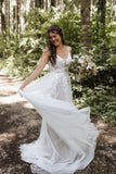 Elysia | Fairy A-Line V-Neck Tulle Long Wedding Dress with Appliques