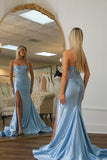 Charming Mermaid Scoop Neck Light Blue Satin Prom Dresses with Appliques