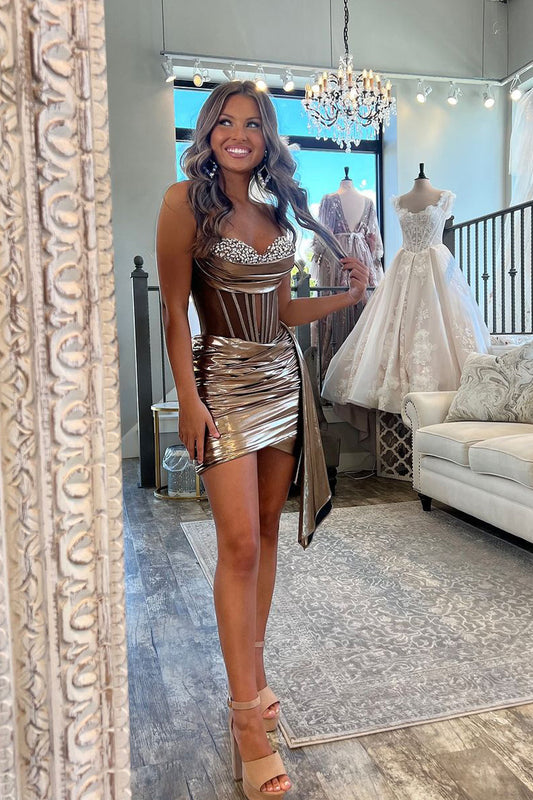 Cute Brown Gold Bodycon Sweetheart Short Homecoming Dress with Beading