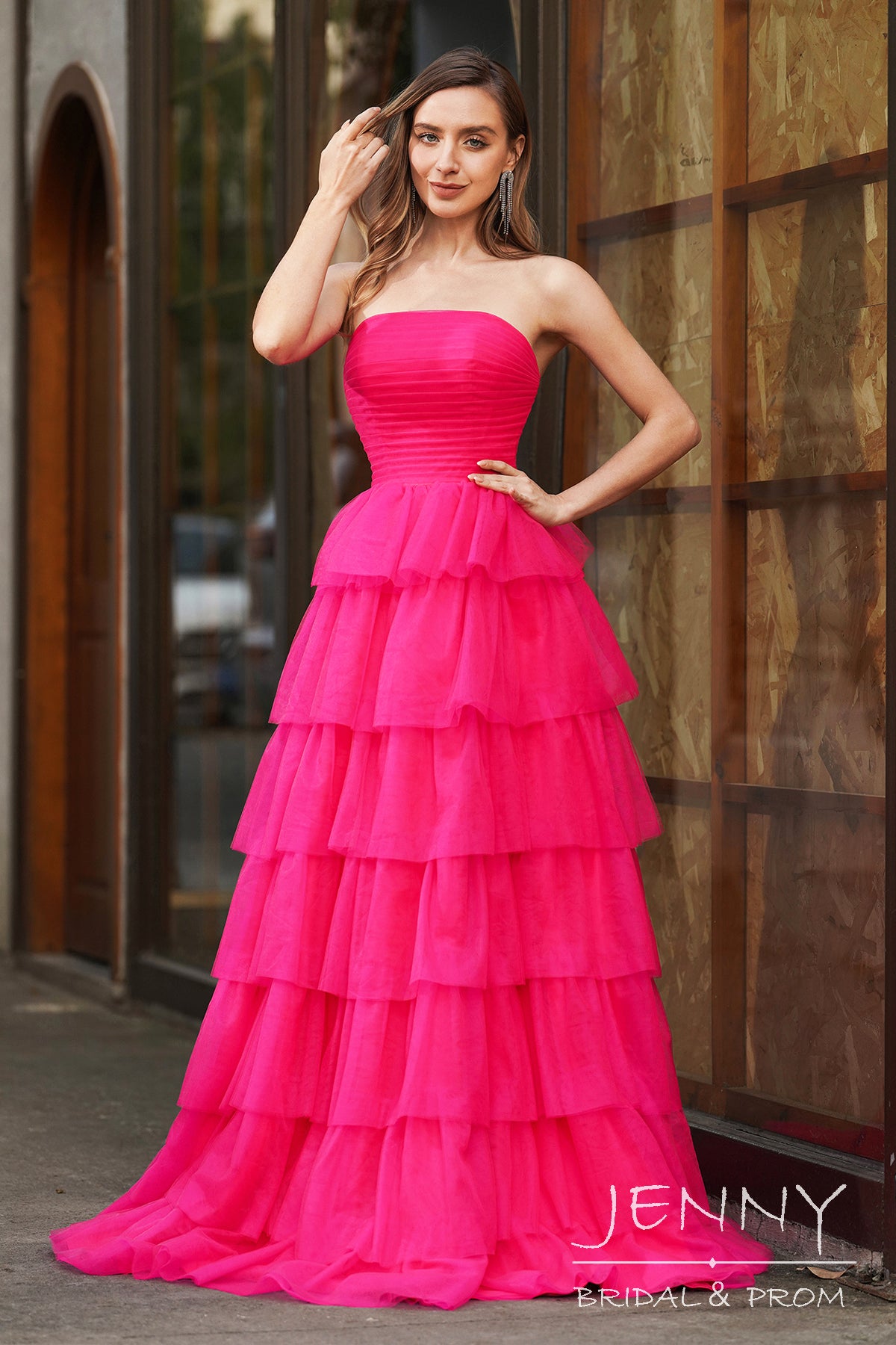 Alina | Romantic Hot Pink A-Line Organza Strapless Long Prom Dress with Tiered Layers JB121216