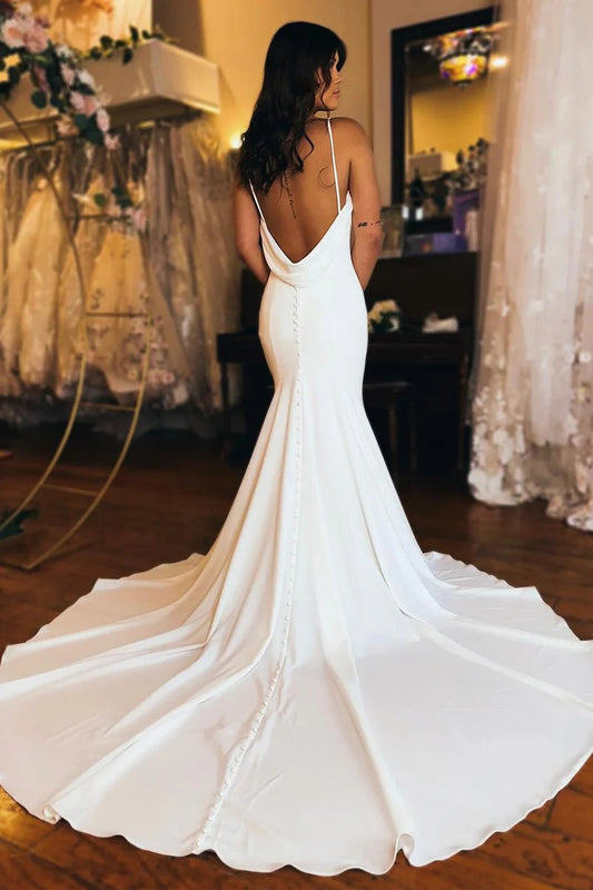 Evelyn | Elegant White Mermaid Satin Deep V-Neck Wedding Dress with Chapel Train JB120323