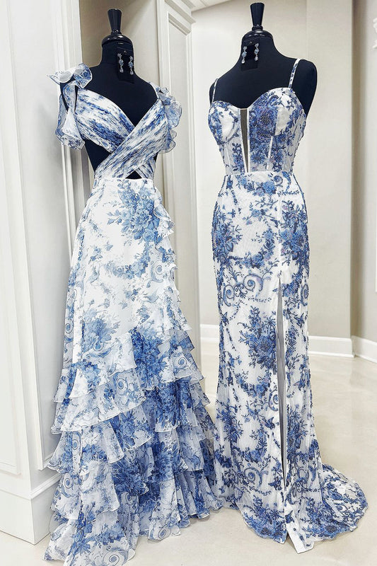 Charming Sheath V Neck Printed Chiffon Long Prom Dresses with Beading