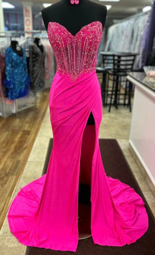 Sienna | Strapless Royal Blue Beaded Long Prom Dress with Slit