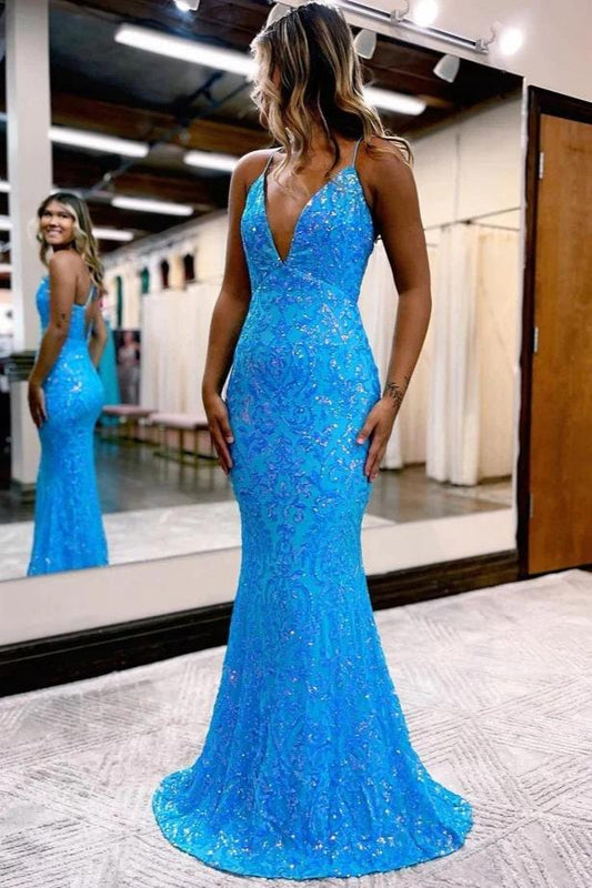 Charming Mermaid V Neck Blue Sequins Long Prom Dress with Appliques