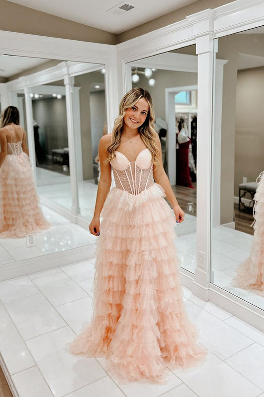 Cute A-Line Sweetheart Blush Sparkly Pink Tiered Tulle Long Prom Dress