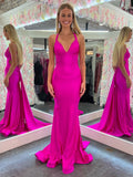 Angela | Pink Satin V-Neck Mermaid Prom Dress with Open Back