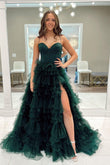 Dark Green A-Line Sweetheart Ruffle Tiered Tulle Prom Dress with Slit