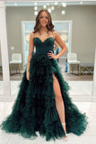 Dark Green A-Line Sweetheart Ruffle Tiered Tulle Prom Dress with Slit