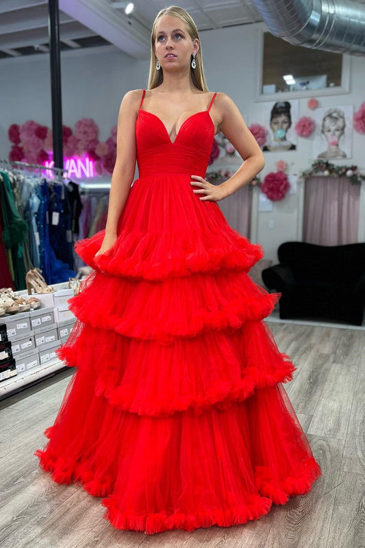 Skye | A-Line V-Neck Tulle Prom Dress with Tiered Ruffles