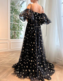 Tara | Side Slit Black Prom Dress with Star Embellishments