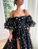 Tara | Side Slit Black Prom Dress with Star Embellishments