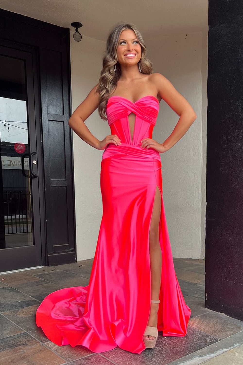 Amara | Charming Mermaid Sweetheart Hot Pink Elastic Satin Long Prom Dress with Slit