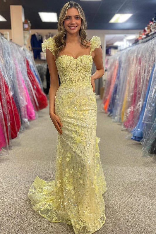 Cecilia | Elegant Light Yellow Mermaid Satin Square Neck Prom Dress with Appliques JB120320