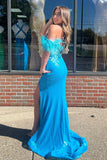 Charming Mermaid Off the Shoulder Blue Sequins Prom Dresses with Appliques