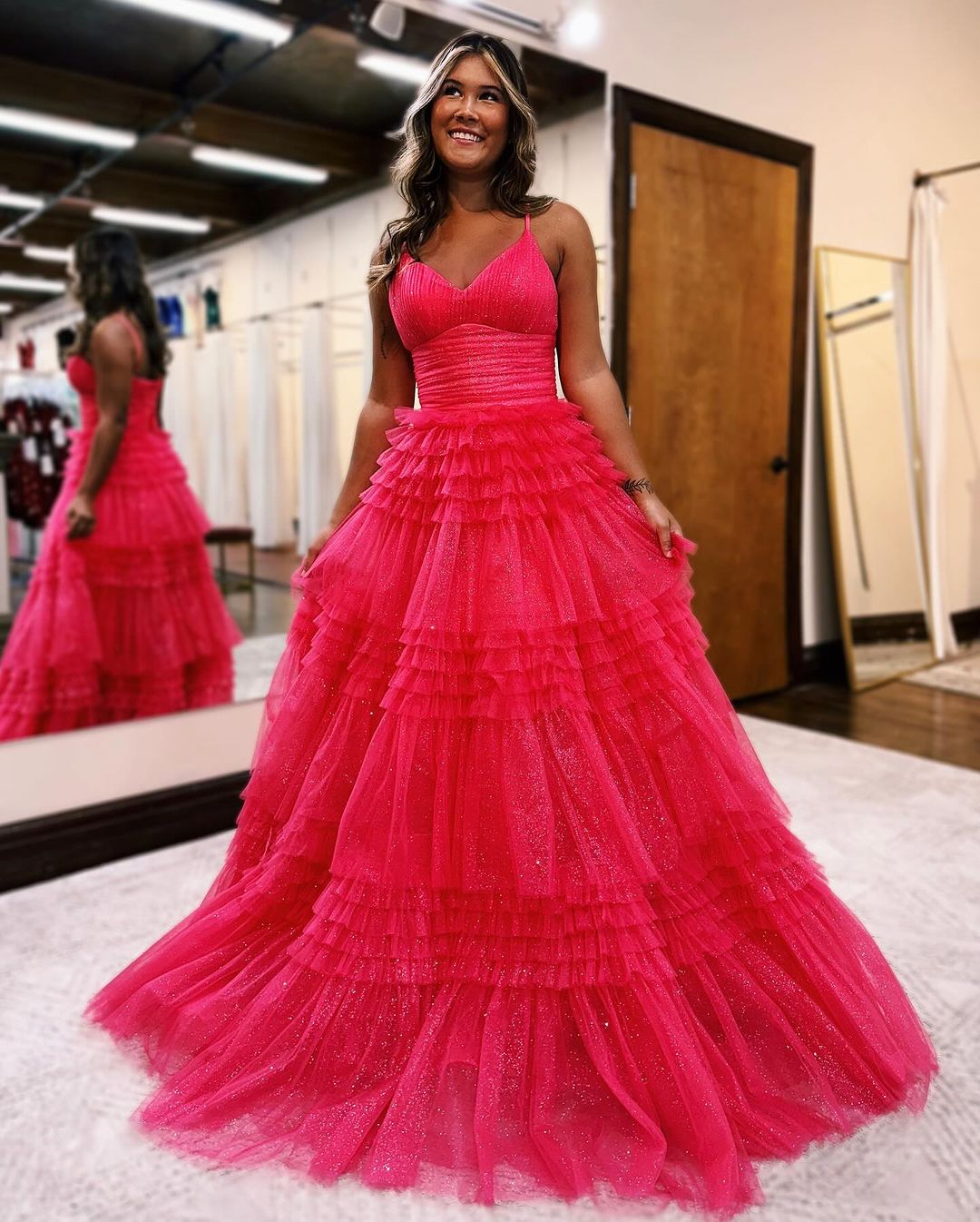 Emerson | A-Line Long Glitter Tulle Prom Dress with Deep V-Neck and Tiered Skirt