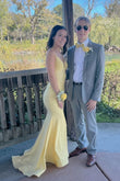 Daphne | Charming Mermaid V-Neck Daffodil Satin Long Prom Dress with Beading