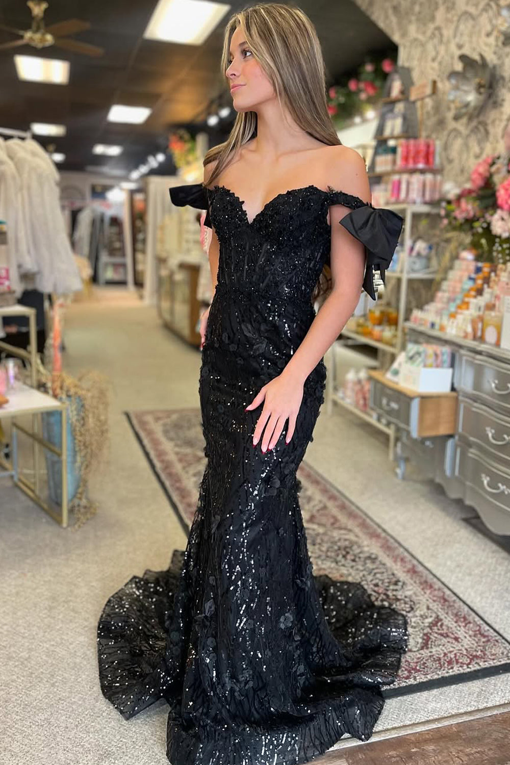 Jade | Cute Mermaid Off-the-Shoulder Black Sequin Long Prom Dress with Bow