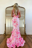 Cute Mermaid V Neck Pink White Sequins Lace Long Prom Dresses JB1105