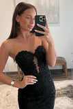 Cute Mermaid Black Sweetheart Lace Appliques Long Prom Dresses