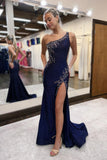 Elegant One-Shoulder Dark Navy Satin Mermaid Prom Dress with Beading