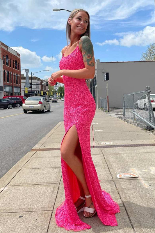 Mermaid Glitter Straps Hot Pink Sequins Prom Gown with Slit