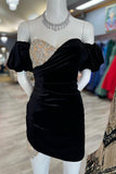 Indie | Black Velvet Sweetheart Neck Beaded Short Cocktail Dress