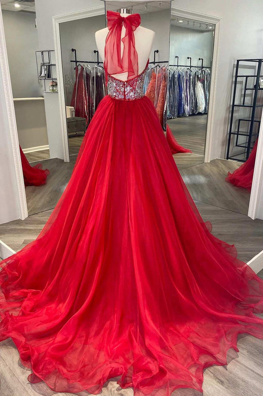 Red Beaded Halter Backless A-Line Long Prom Gown