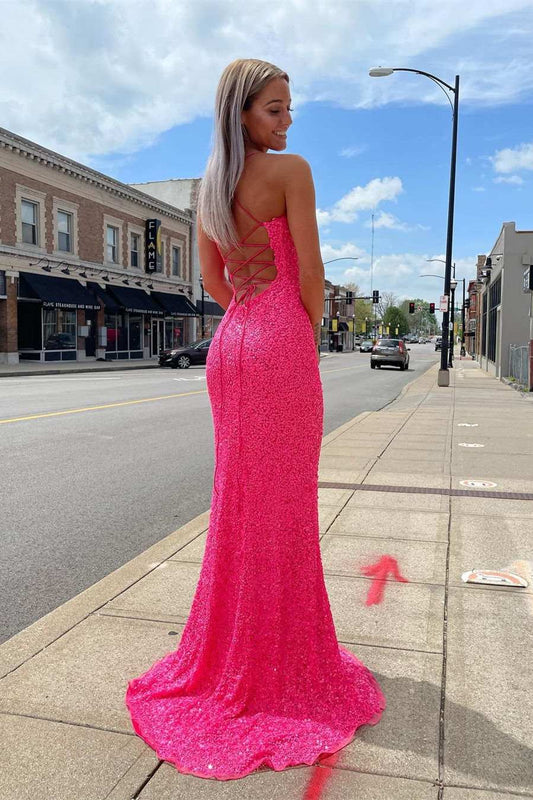 Mermaid Glitter Straps Hot Pink Sequins Prom Gown with Slit