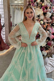 Sandy | Dusty Sage V-Neck Beaded Long Prom Dress with Illusion Sleeves