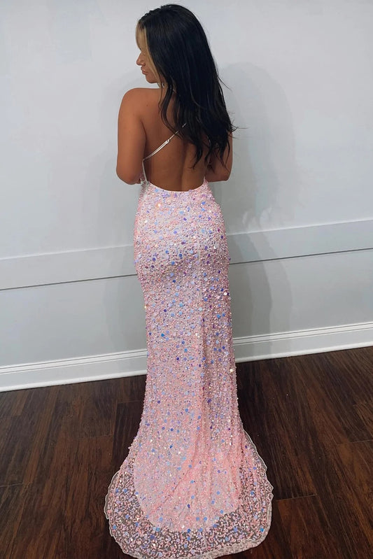 Amara | Elegant Light Pink Mermaid Satin Spaghetti Straps V-Neck Prom Dress with Sequins JB120915