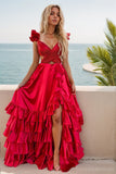 Elegant A-Line Satin Prom Dress with Scalloped Neckline and Side Slit