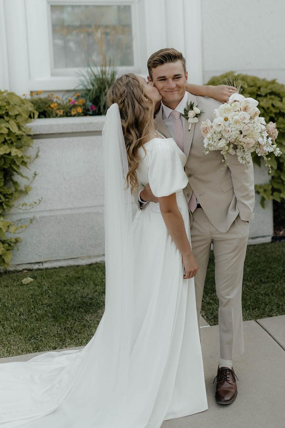 Fairy A Line V Scoop Satin Long Wedding Dresses with Ruffled Sleeves