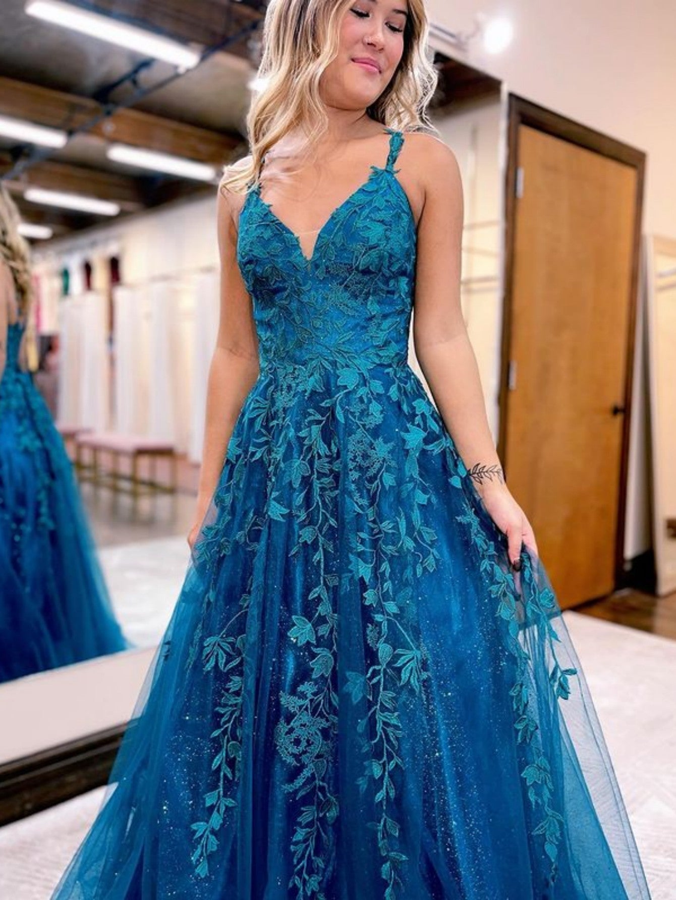 Veronica | A-Line Ink Blue Glitter Tulle Lace Prom Dress