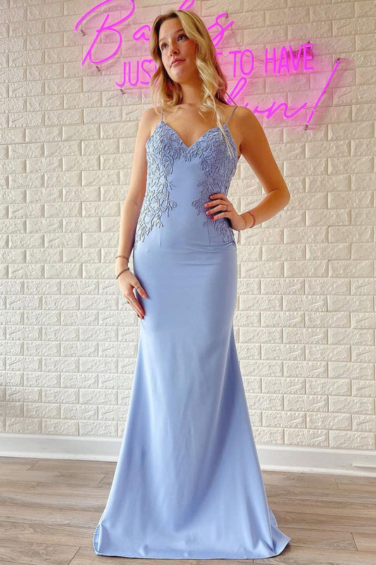 V-Neck Mermaid Satin Prom Dress with Lace Appliques and Side Slit