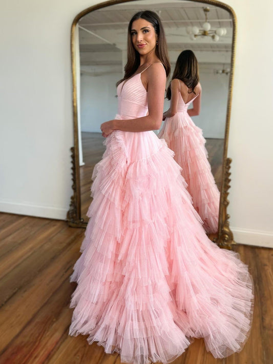 Alianna | Light Pink A-Line Tiered Tulle Prom Dress with Spaghetti Straps